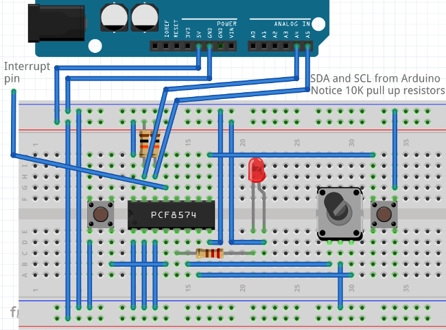 breadboard example circuit for PCF8574 based rotary encoder